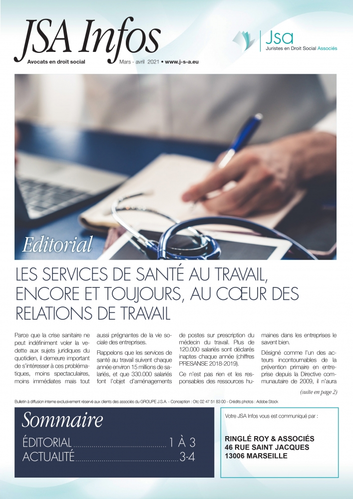 JSA Infos Mars / Avril 2021 - Les services de santé au travail, encore et toujours, au cœur des relations de travail